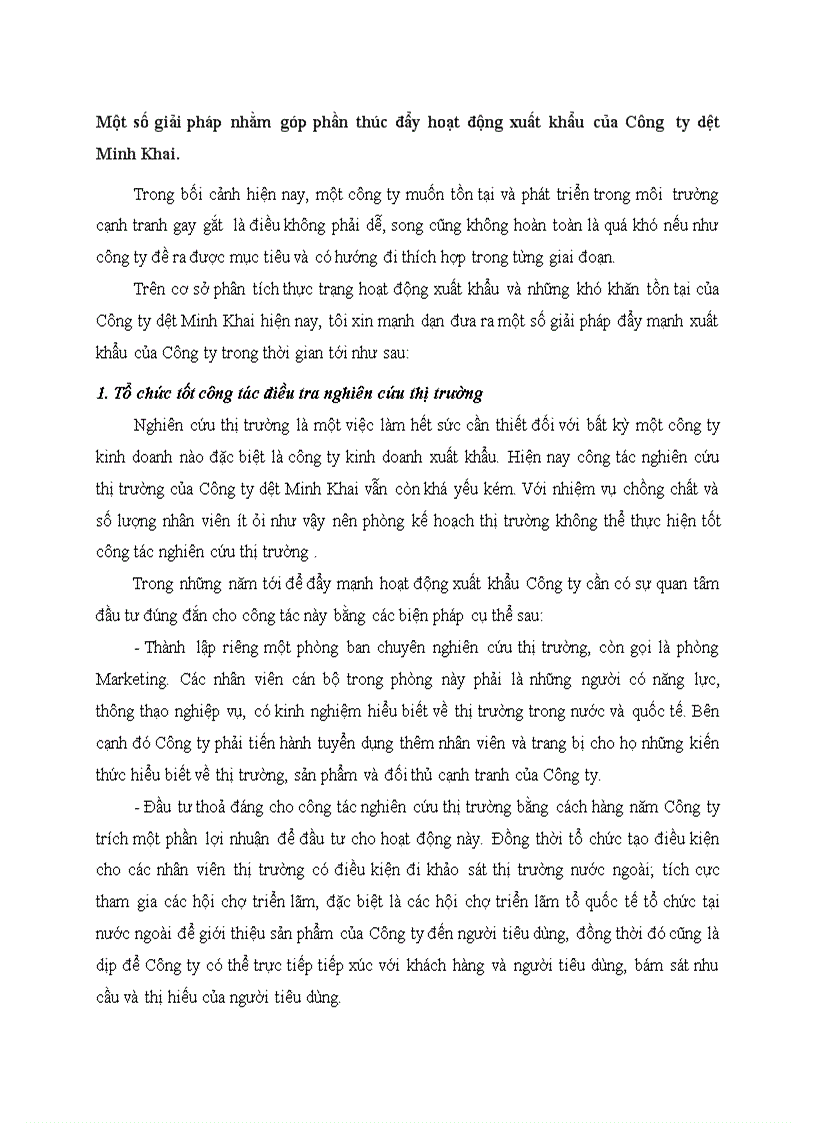 Một số giải pháp nhằm góp phần thúc đẩy hoạt động xuất khẩu của Công ty dệt Minh Khai