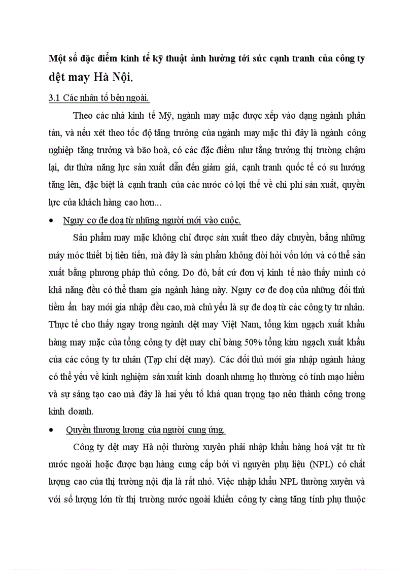 Một số đặc điểm kinh tế kỹ thuật ảnh hưởng tới sức cạnh tranh của công ty dệt may Hà Nội