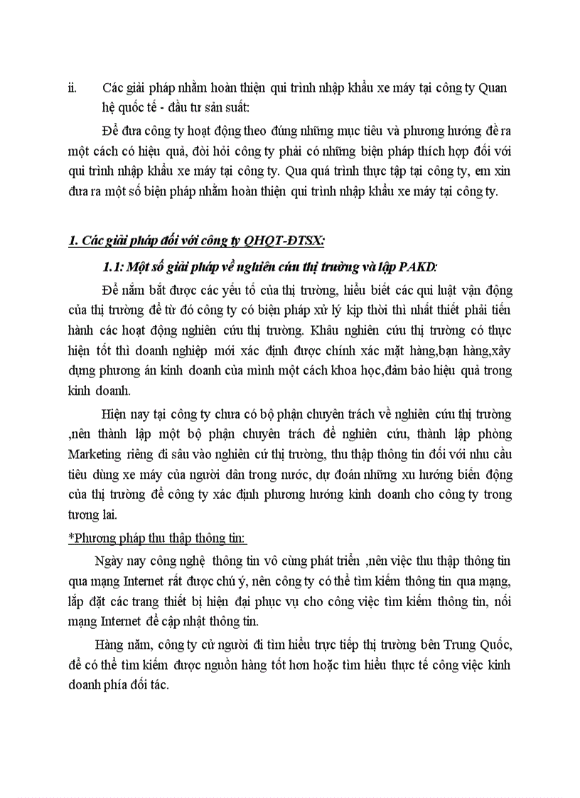Các giải pháp nhằm hoàn thiện qui trình nhập khẩu xe máy tại công ty Quan hệ quốc tế đầu tư sản suất