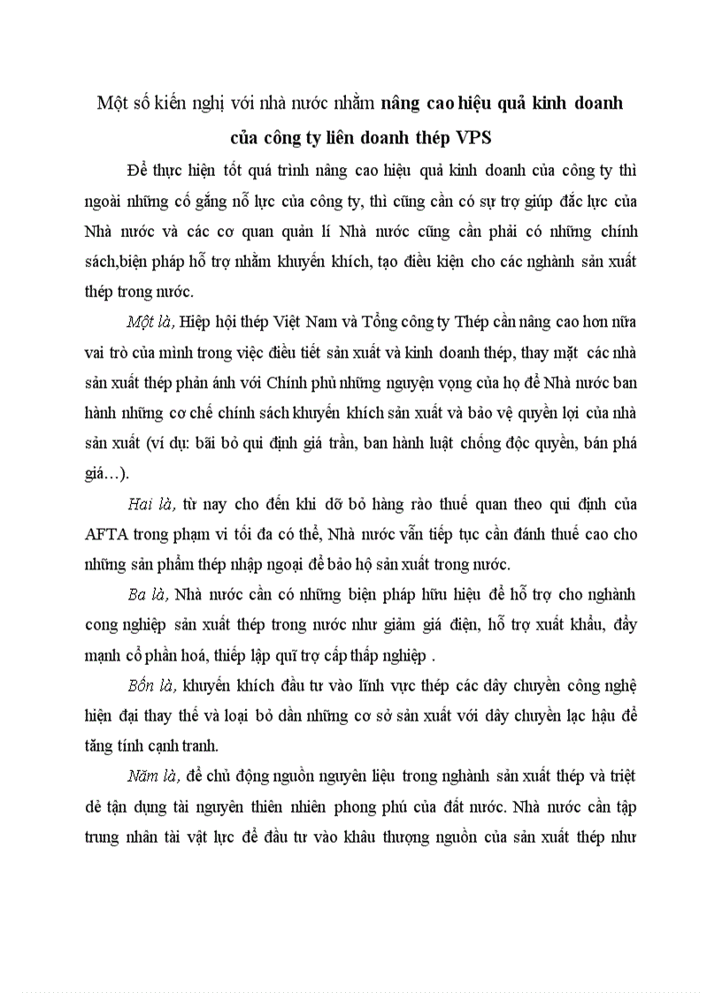 Một số kiến nghị với nhà nước nhằm nâng cao hiệu quả kinh doanh của công ty liên doanh thép VPS
