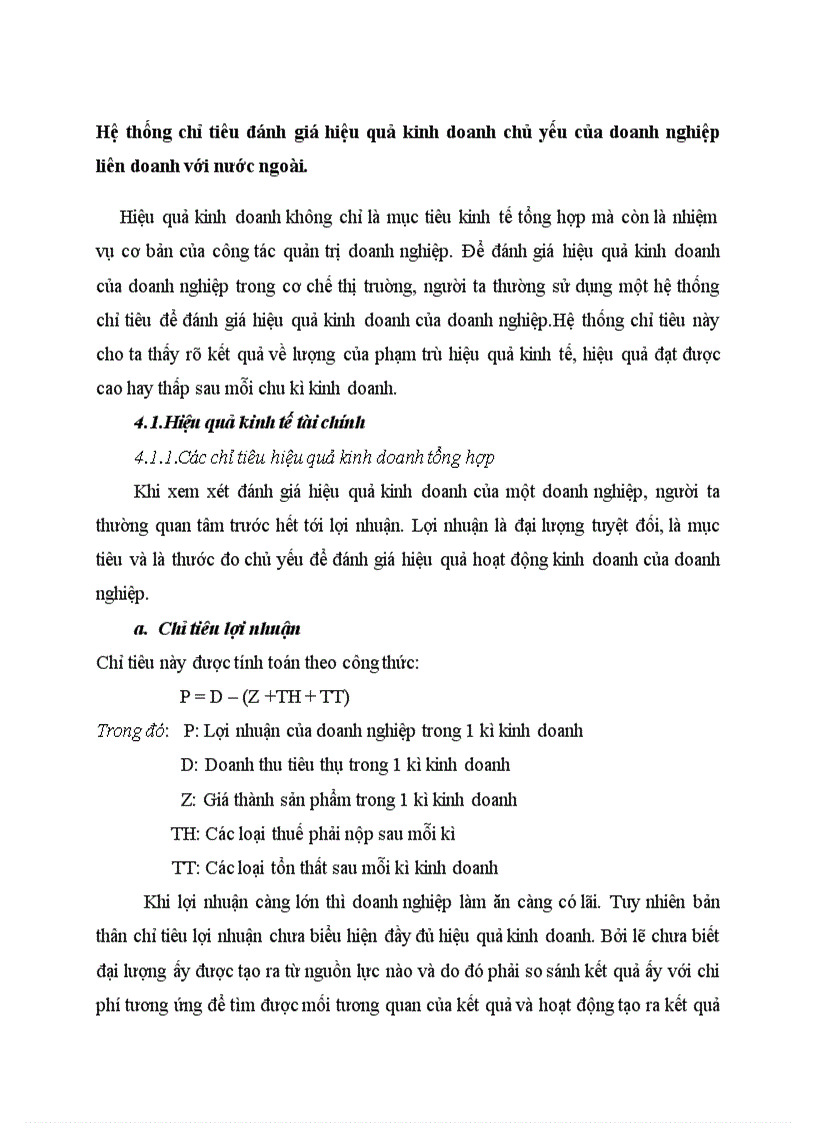 Hệ thống chỉ tiêu đánh giá hiệu quả kinh doanh chủ yếu của doanh nghiệp liên doanh với nước ngoài