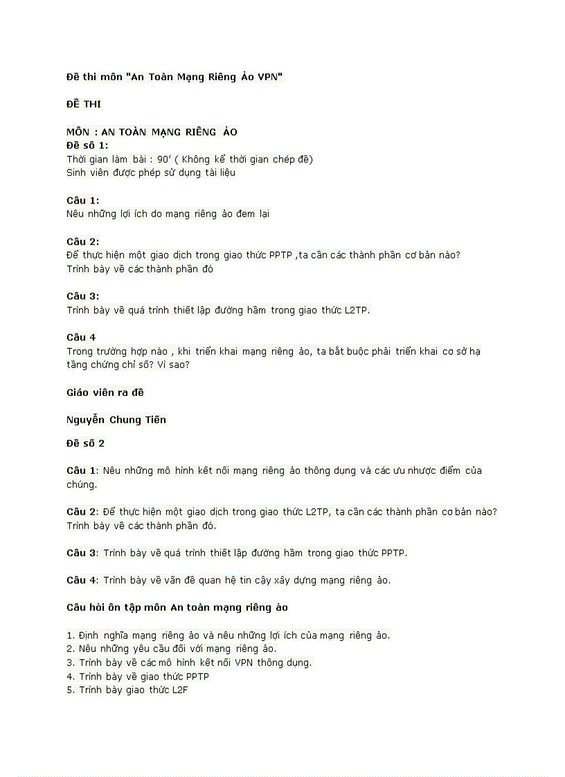 Đề thi môn An toàn mạng riêng ảo VPN