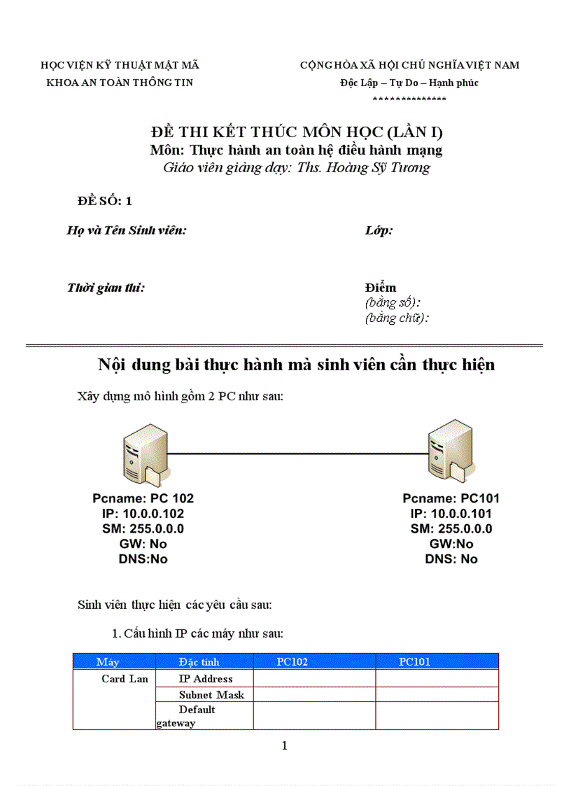 Đề thi hệ điều hành mạng đề 1