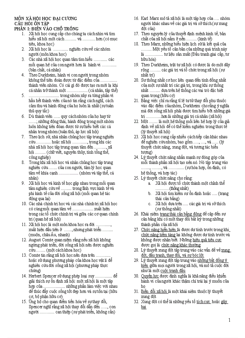 197 câu hỏi và đáp án môn Xã Hội Học