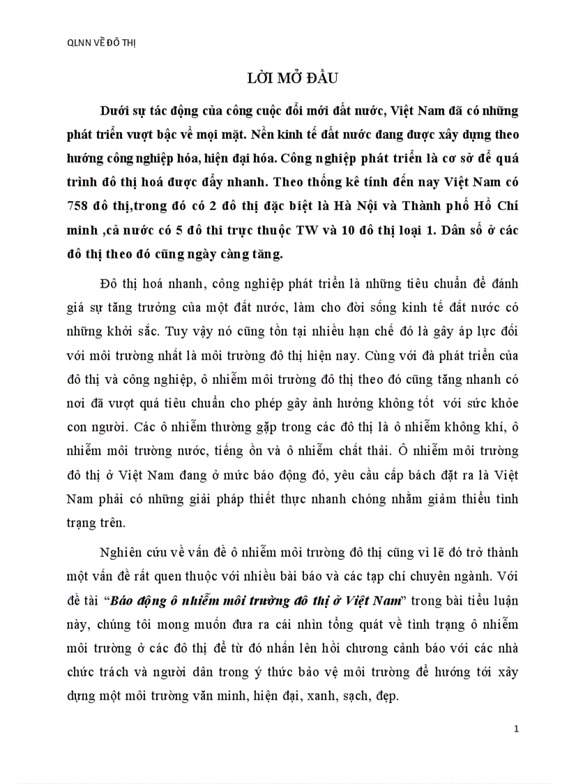 Tiểu luận ô nhiễm môi trường đô thị hiện nay thực trạng và giải pháp Môn QLNN về đô thị