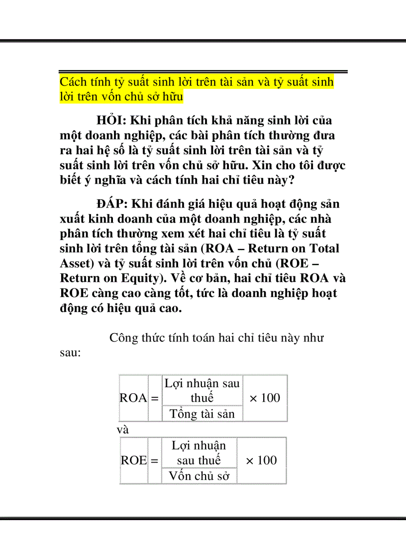 Cách tính tỷ suất sinh lời trên tài sản và tỷ suất sinh lời trên vốn chủ