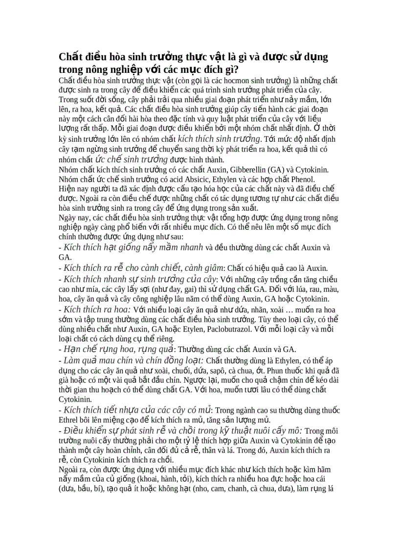 Chất điều hòa sinh trưởng thực vật là gì và được sử dụng trong nông nghiệp với các mục đích gì