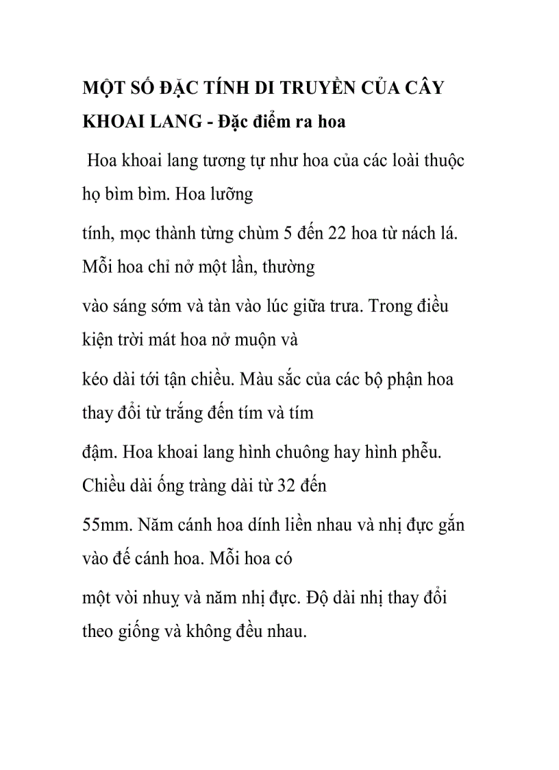 MỘT SỐ ĐẶC TÍNH DI TRUYỀN CỦA CÂY KHOAI LANG Đặc điểm ra hoa