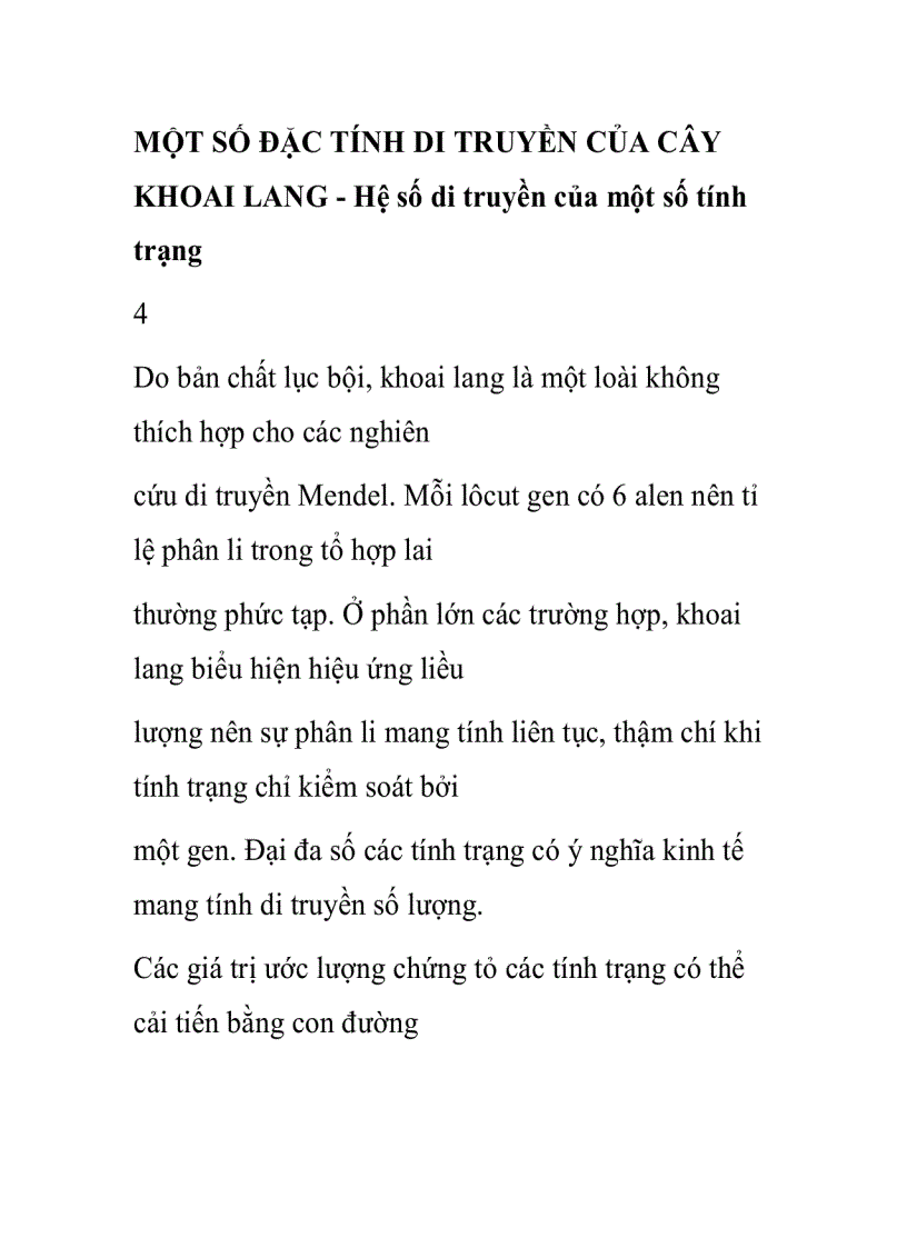 KHOAI LANG Hệ số di truyền của một số tính trạng