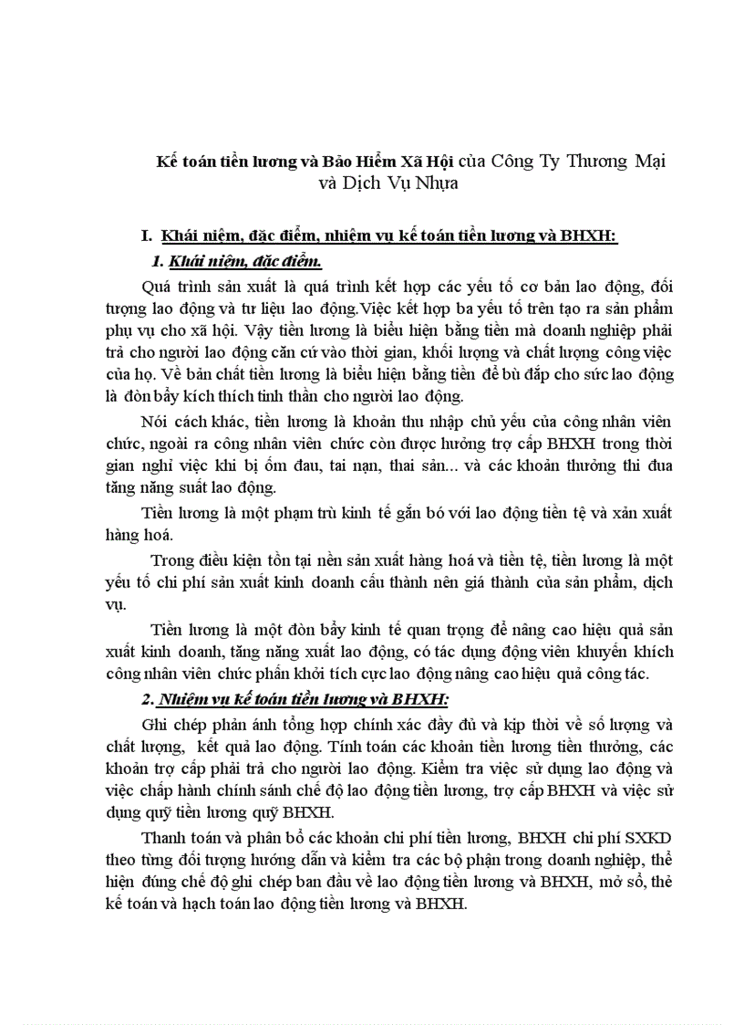 Kế toán tiền lương và Bảo Hiểm Xã Hội của Công Ty Thương Mại và Dịch Vụ Nhựa