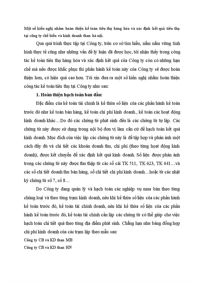 Một số kiến nghị nhằm hoàn thiện kế toán tiêu thụ hàng hóa và xác định kết quả tiêu thụ tại công ty chế biến và kinh doanh than hà nội