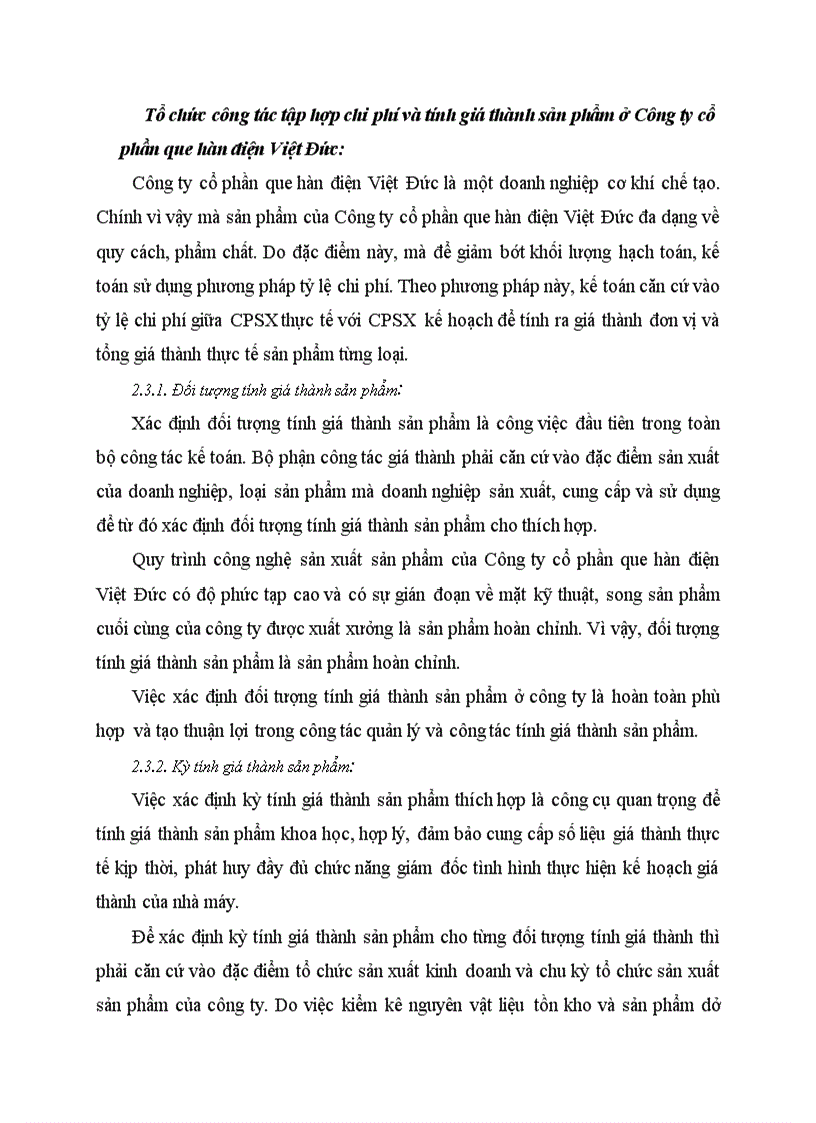 Tổ chức công tác tập hợp chi phí và tính giá thành sản phẩm ở Công ty cổ phần que hàn điện Việt Đức