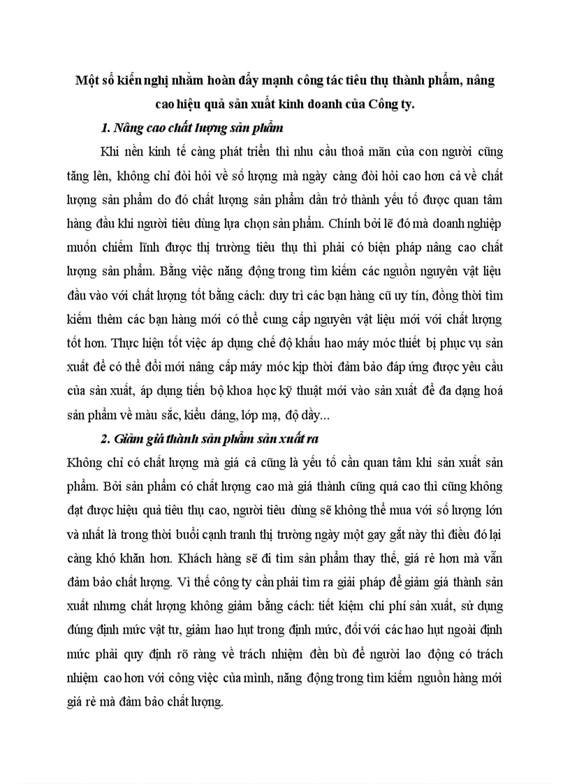 Một số kiến nghị nhằm hoàn đẩy mạnh công tác tiêu thụ thành phẩm nâng cao hiệu quả sản xuất kinh doanh của Công ty