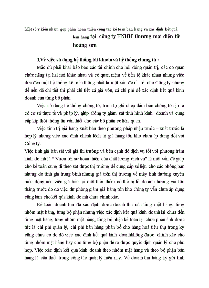 Một số ý kiến nhằm góp phần hoàn thiện công tác kế toán bán hàng và xác định kết quả bán hàng tại công ty TNHH thương mại điện tử hoàng sơn