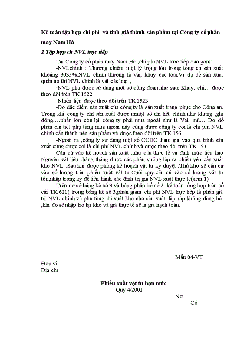 Kế toán tập hợp chi phí và tính giá thành sản phẩm tại Công ty cổ phần may Nam Hà