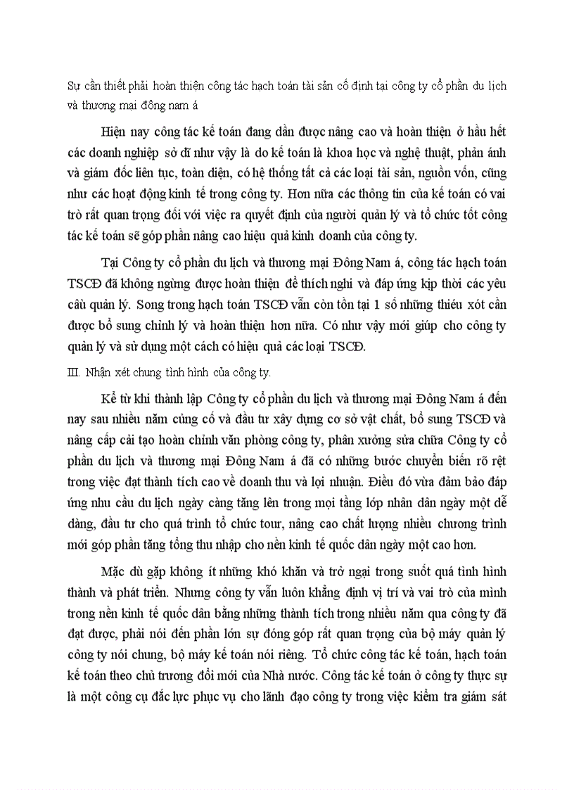 Sự cần thiết phải hoàn thiện công tác hạch toán tài sản cố định tại công ty cổ phần du lịch và thương mại đông nam á