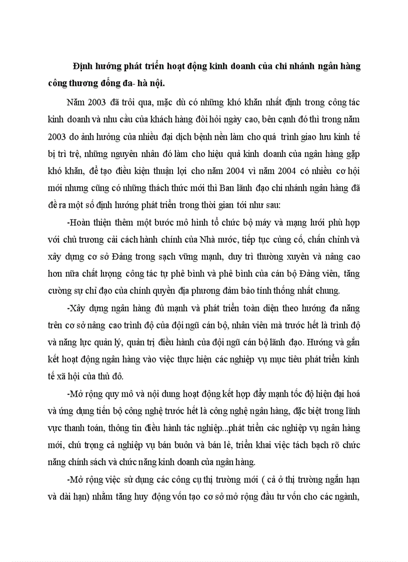 Định hướng phát triển hoạt động kinh doanh của chi nhánh ngân hàng công thương đống đa hà nội