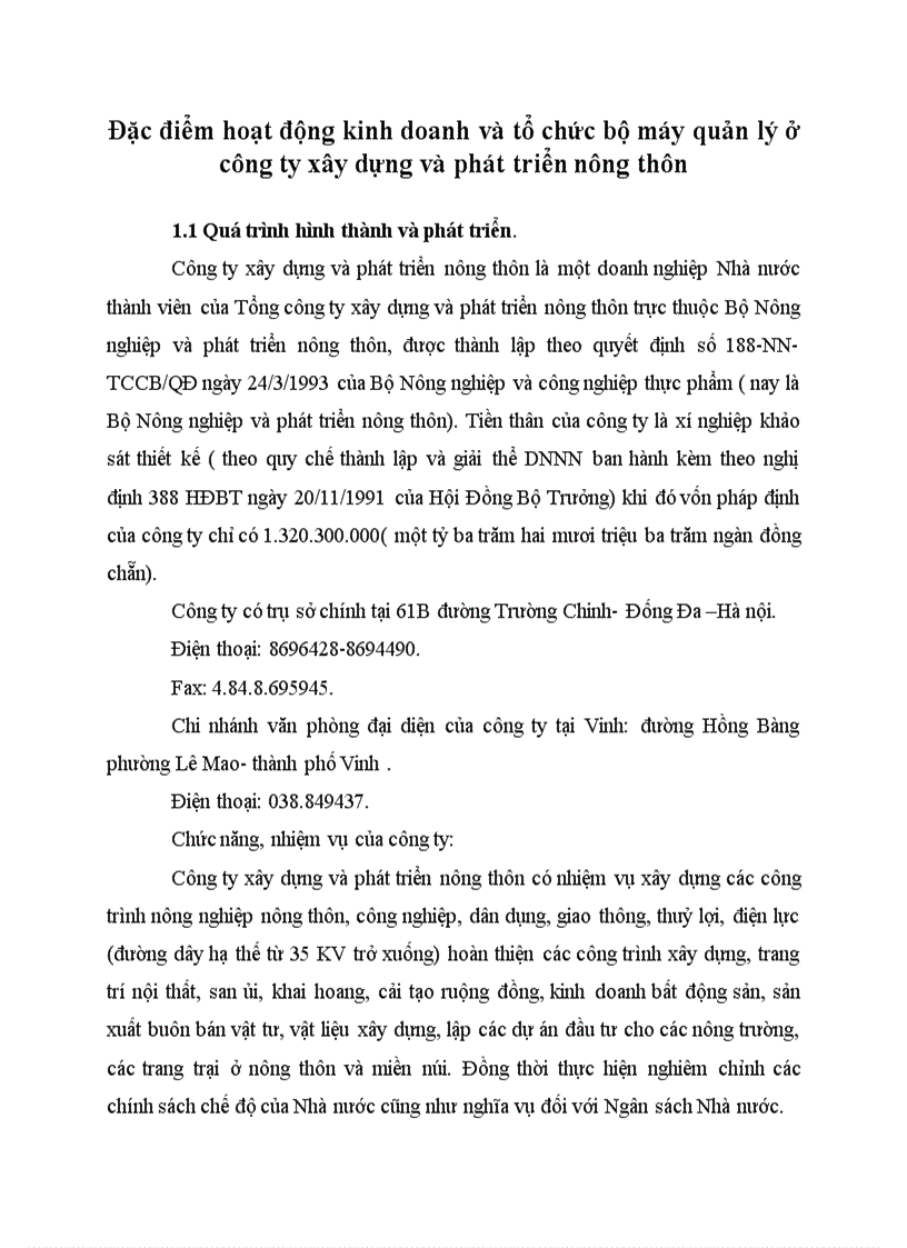 Đặc điểm hoạt động kinh doanh và tổ chức bộ máy quản lý ở công ty xây dựng và phát triển nông thôn