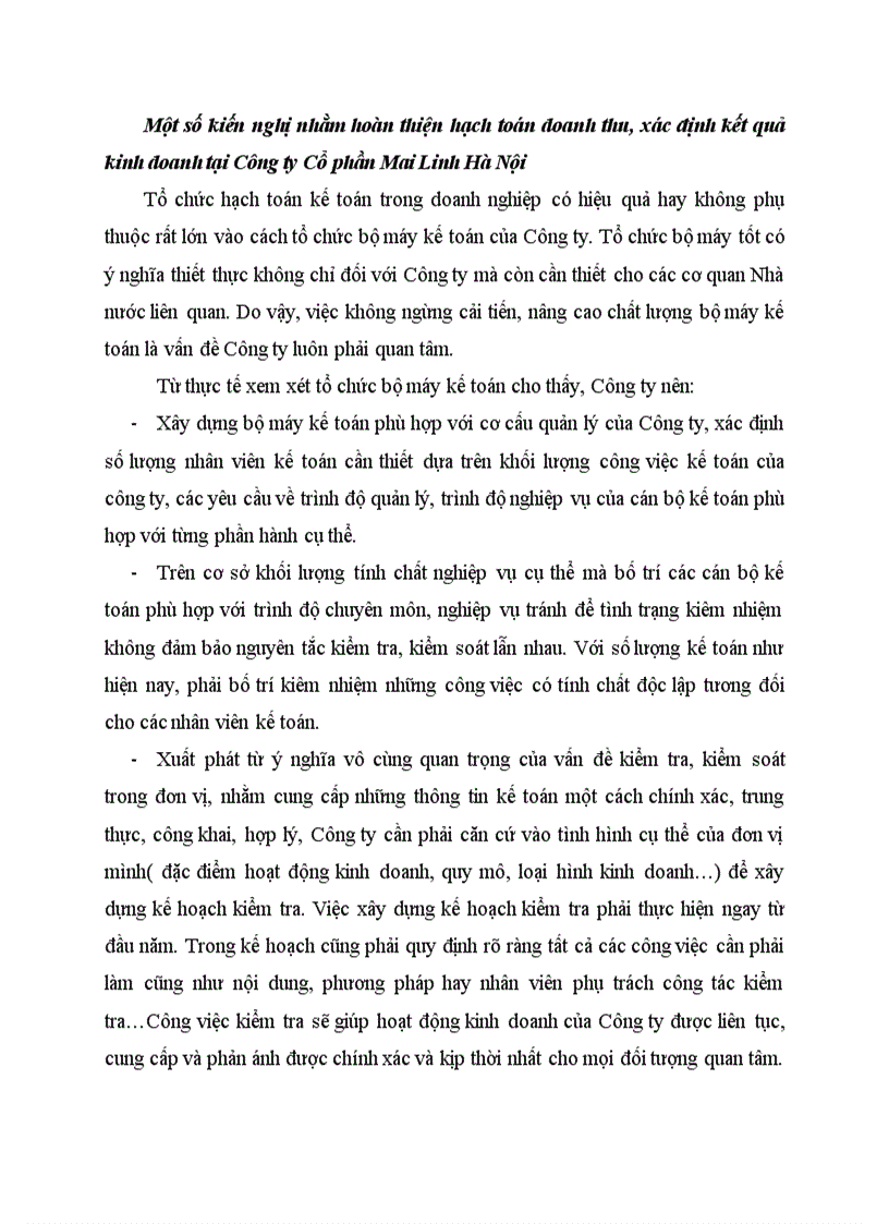 Một số kiến nghị nhằm hoàn thiện hạch toán doanh thu xác định kết quả kinh doanh tại Công ty Cổ phần Mai Linh Hà Nội