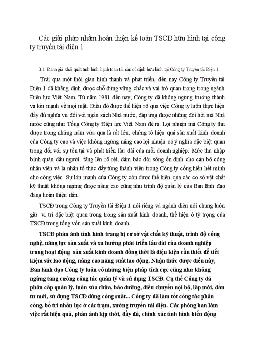 Các giải pháp nhằm hoàn thiện kế toán TSCĐ hữu hình tại công ty truyền tải điện 1