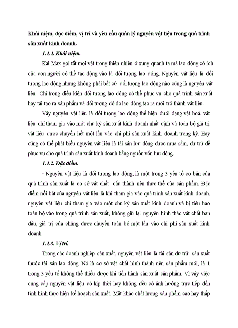 Khái niệm đặc điểm vị trí và yêu cầu quản lý nguyên vật liệu trong quá trình sản xuất kinh doanh