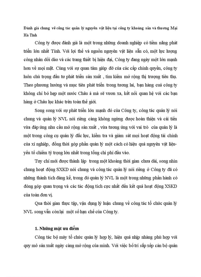 Đánh giá chung vê công tác quản lý nguyên vật liệu tại công ty khoáng sản và thương Mại Hà Tĩnh