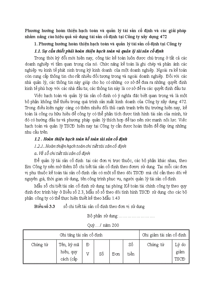 Phương hướng hoàn thiện hạch toán và quản lý tài sản cố định và các giải pháp nhằm nâng cào hiệu quả sử dụng tài sản cố định tại Công ty xây dựng 472