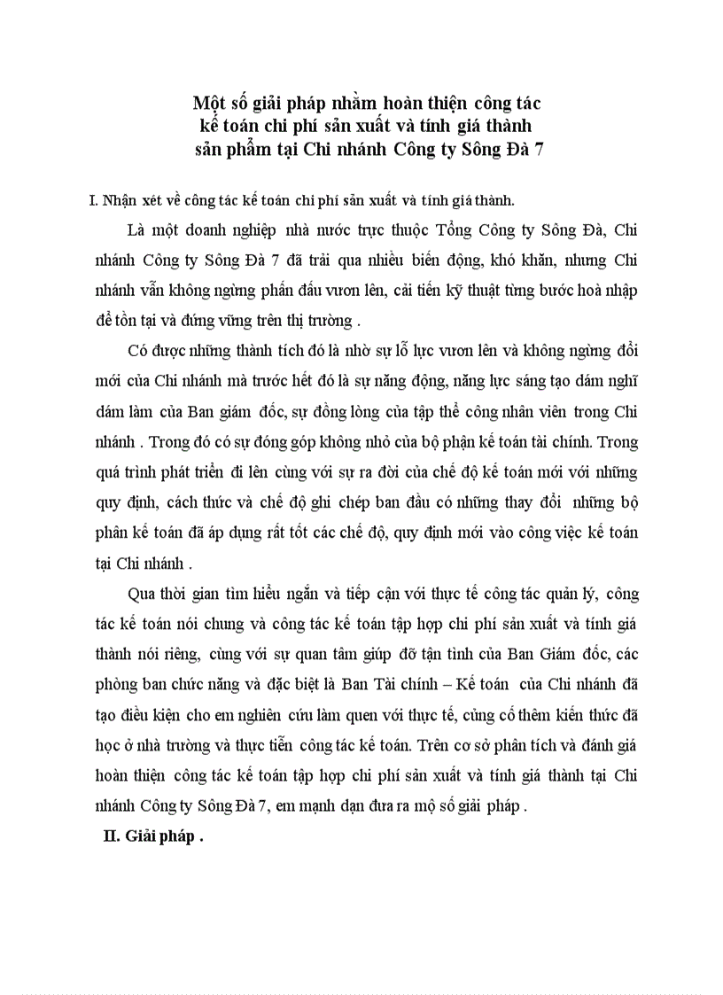 Một số giải pháp nhằm hoàn thiện công tác kế toán chi phí sản xuất và tính giá thành sản phẩm tại Chi nhánh Công ty Sông Đà 7