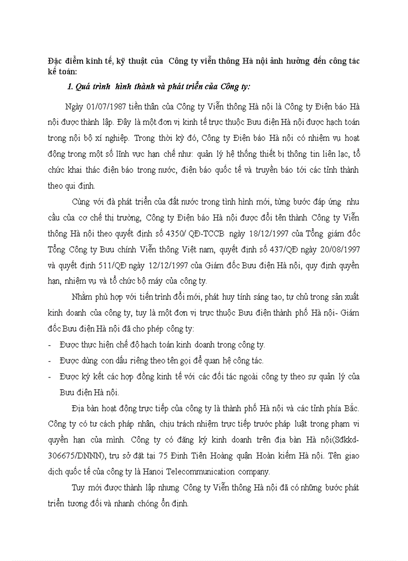 Đặc điểm kinh tế kỹ thuật của Công ty viễn thông Hà nội ảnh hưởng đến công tác kế toán