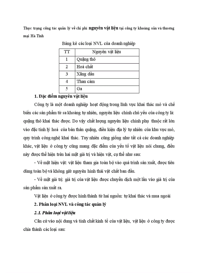 Thực trạng công tác quản lý về chi phí nguyên vật liệu tại công ty khoáng sản và thương mại Hà Tĩnh