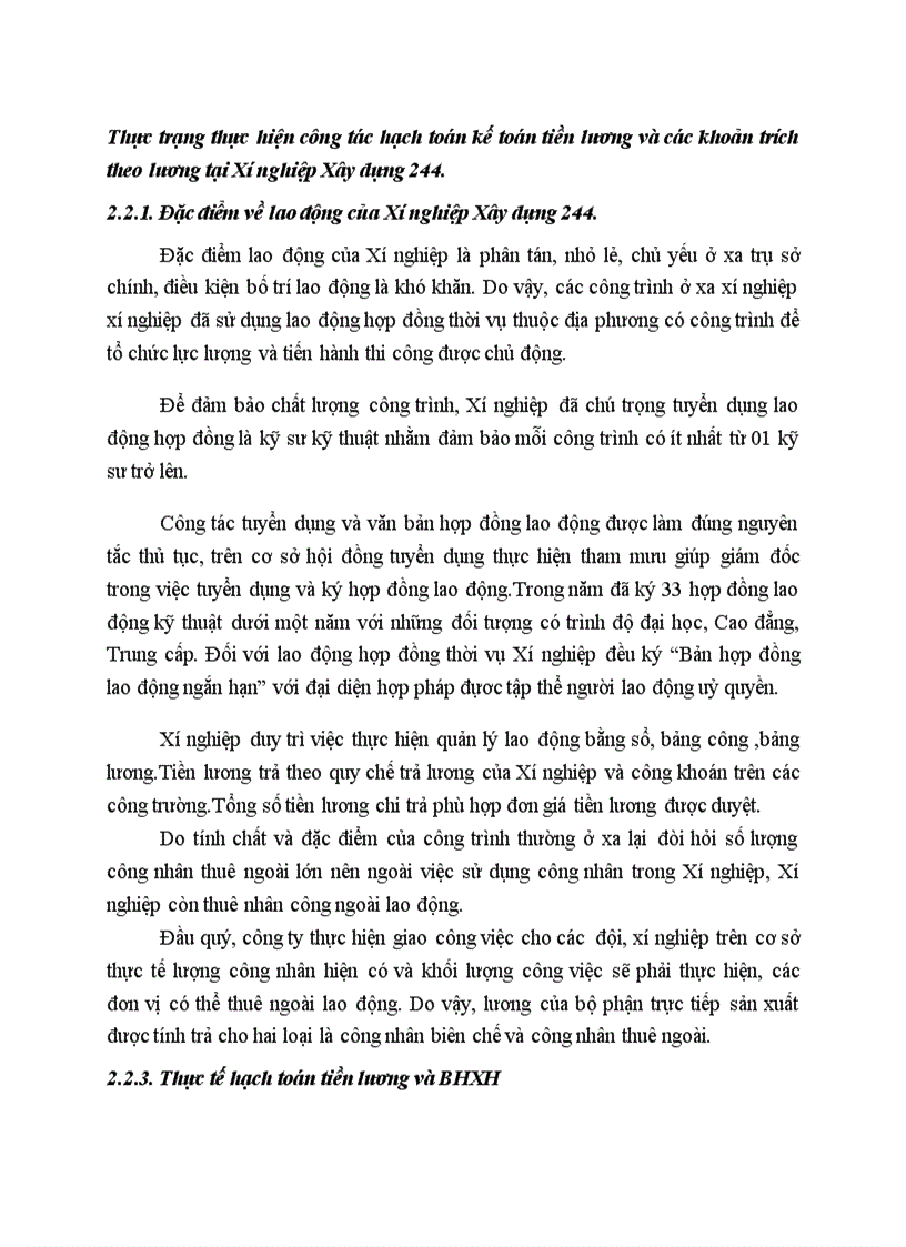 Thực trạng thực hiện công tác hạch toán kế toán tiền lương và các khoản trích theo lương tại Xí nghiệp Xây dựng 244
