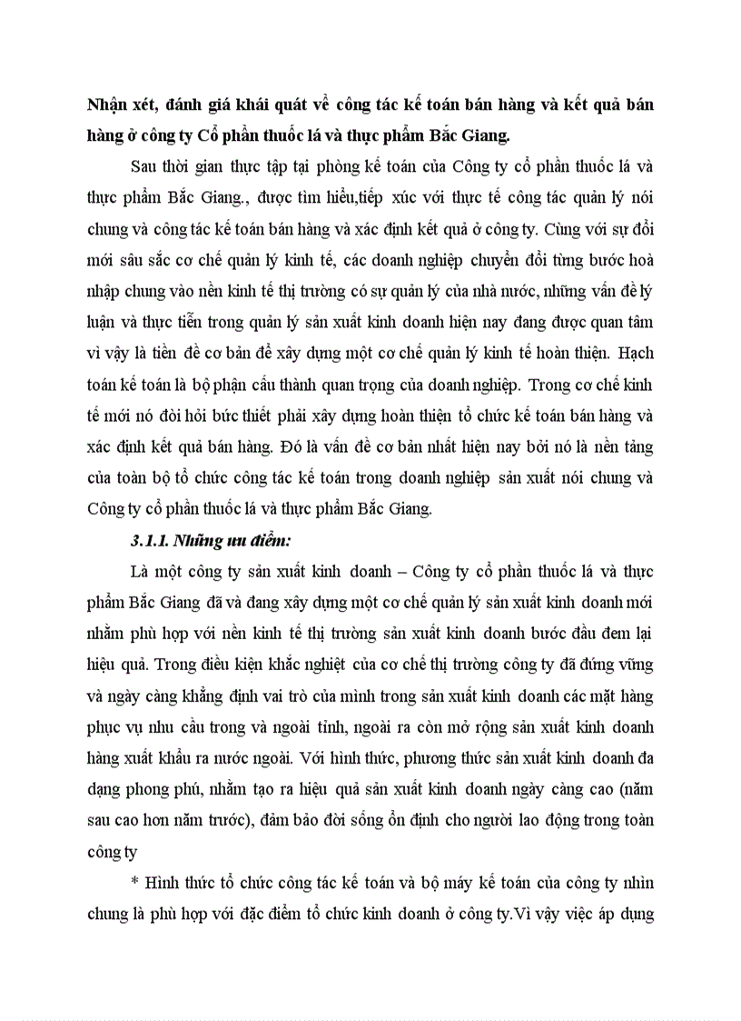 Nhận xét đánh giá khái quát về công tác kế toán bán hàng và kết quả bán hàng ở công ty Cổ phần thuốc lá và thực phẩm Bắc Giang