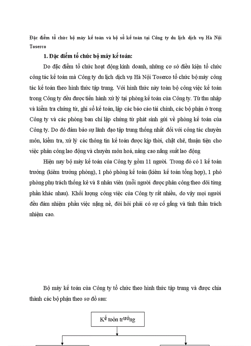 Đặc điểm tổ chức bộ máy kế toán và bộ sổ kế toán tại Công ty du lịch dịch vụ Hà Nội Toserco
