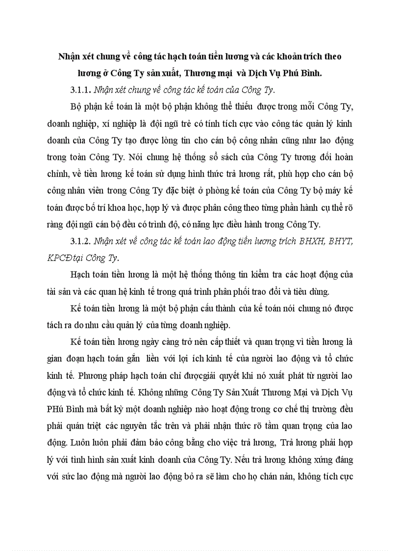 Nhận xét chung về công tác hạch toán tiền lương và các khoản trích theo lương ở Công Ty sản xuất Thương mại và Dịch Vụ Phú Bình