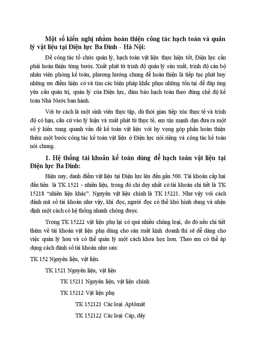 Một số kiến nghị nhằm hoàn thiện công tác hạch toán và quản lý vật liệu tại Điện lực Ba Đình Hà Nội