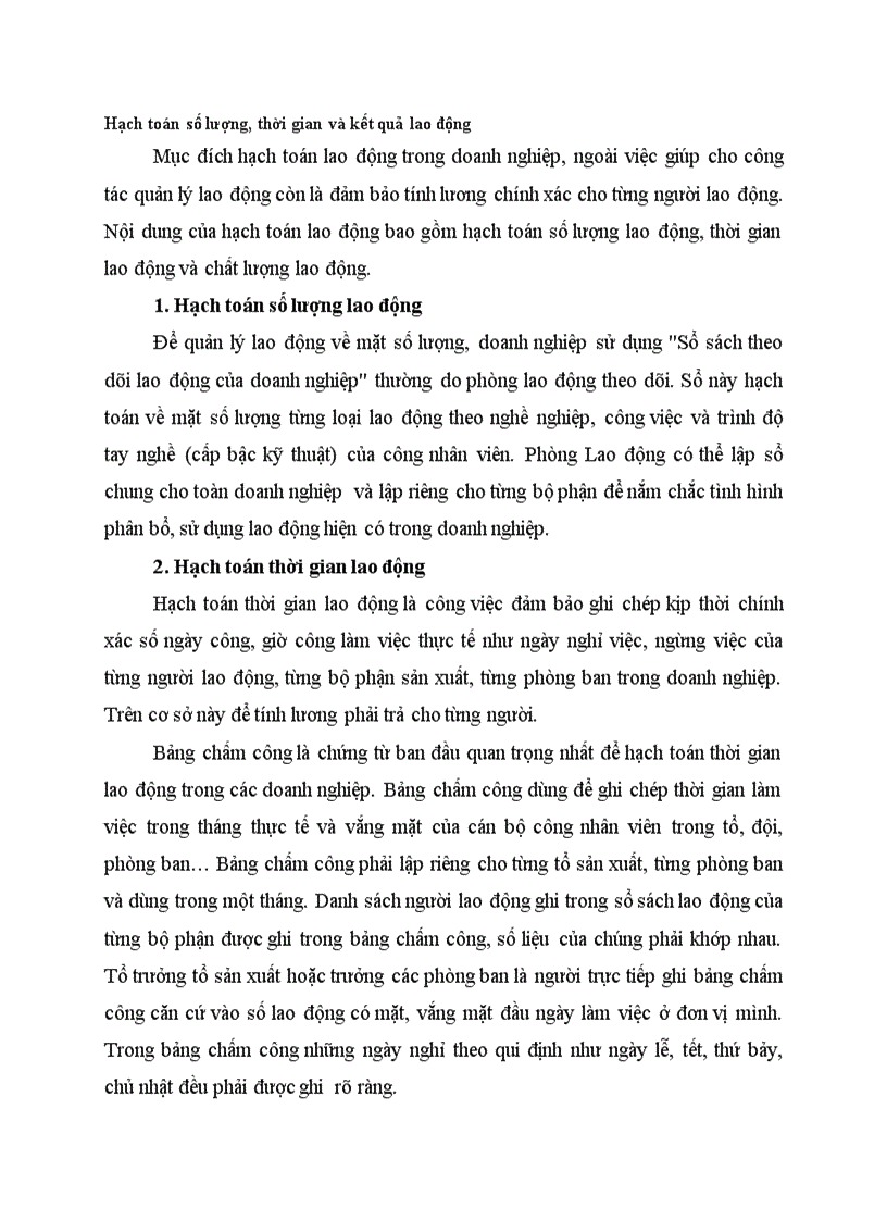 Hạch toán số lượng thời gian và kết quả lao động