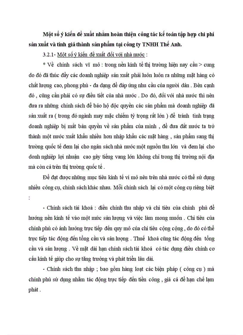 Một số ý kiến đề xuất nhằm hoàn thiện công tác kế toán tập hợp chi phí sản xuất và tính giá thành sản phẩm tại công ty TNHH Thế Anh