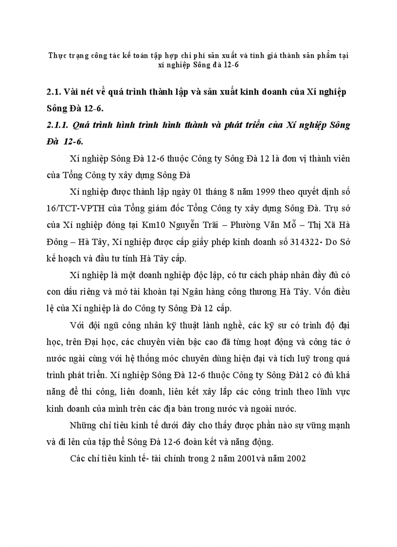 Thực trạng công tác kế toán tập hợp chi phí sản xuất và tính giá thành sản phẩm tại xí nghiệp Sông đà 12 6