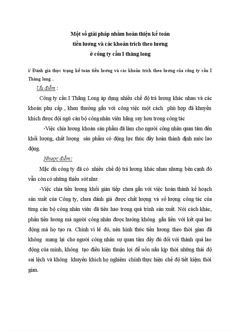 Một số giải pháp nhằm hoàn thiện kế toán tiền lương và các khoản trích theo lương ở công ty cầu I thăng long