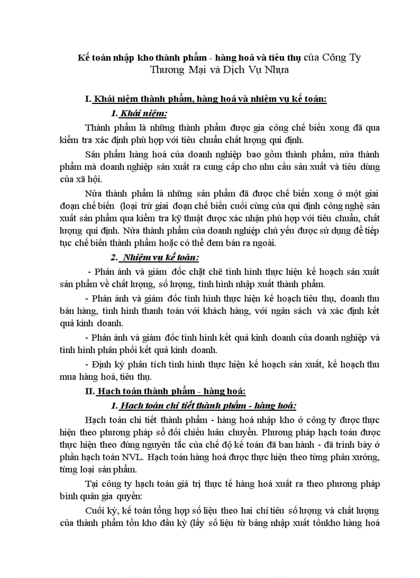 Kế toán nhập kho thành phẩm hàng hoá và tiêu thụ của Công Ty Thương Mại và Dịch Vụ Nhựa