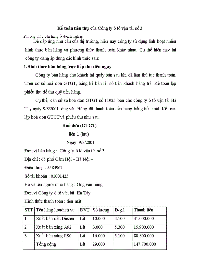 Kế toán tiêu thụ của Công ty ô tô vận tải số 3