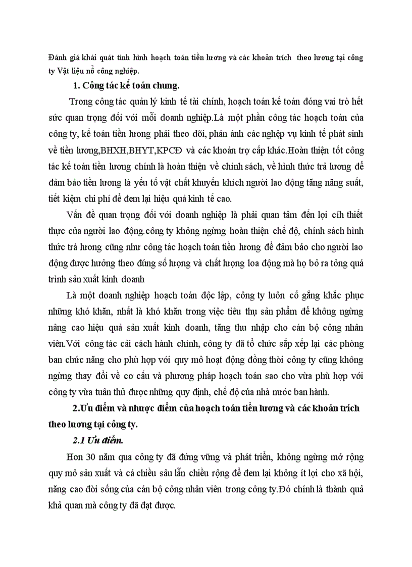 Đánh giá khái quát tình hình hoạch toán tiền lương và các khoản trích theo lương tại công ty Vật liệu nổ công nghiệp