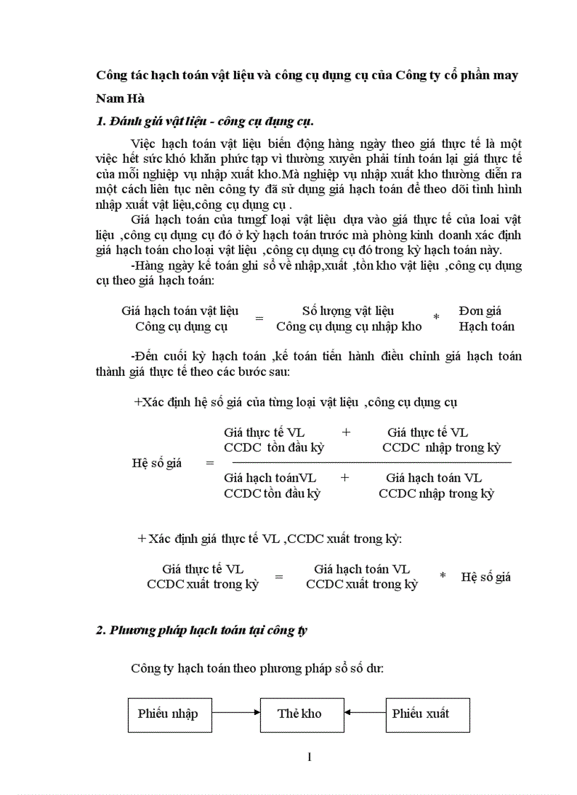 Công tác hạch toán vật liệu và công cụ dụng cụ của Công ty cổ phần may Nam Hà