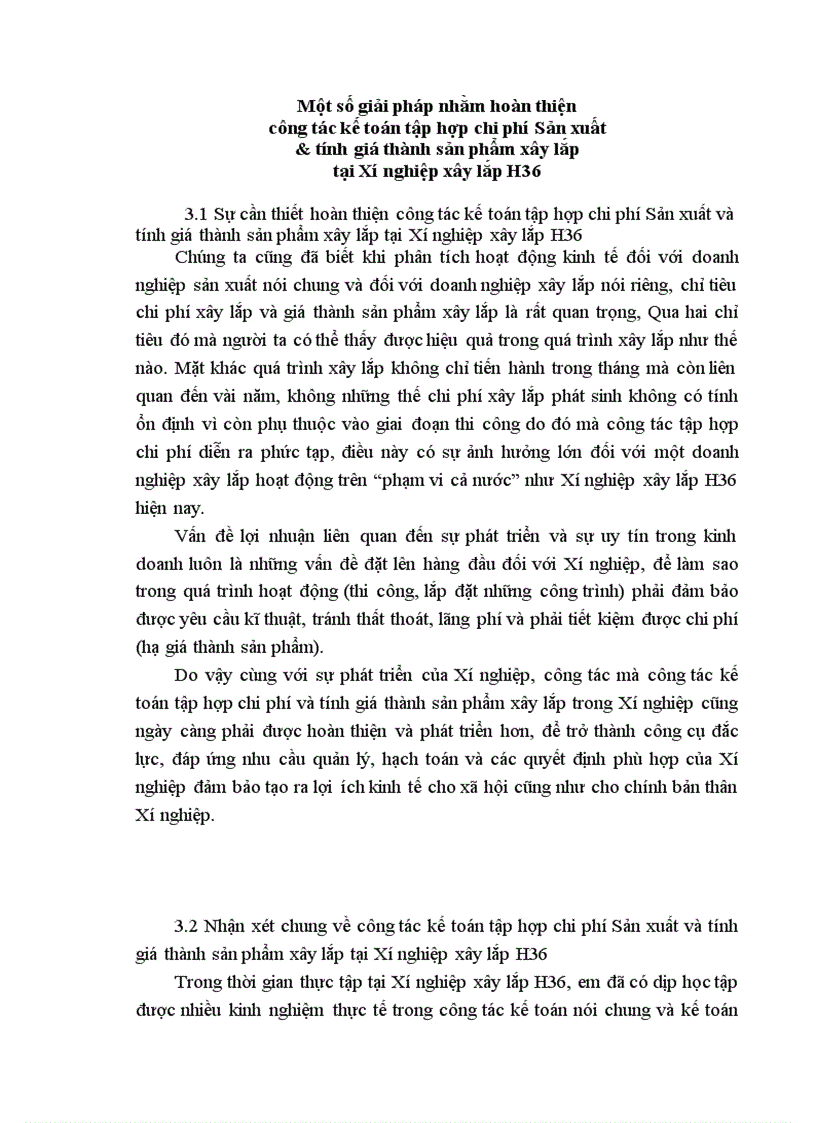 Một số giải pháp nhằm hoàn thiện công tác kế toán tập hợp chi phí Sản xuất tính giá thành sản phẩm xây lắp tại Xí nghiệp xây lắp H36