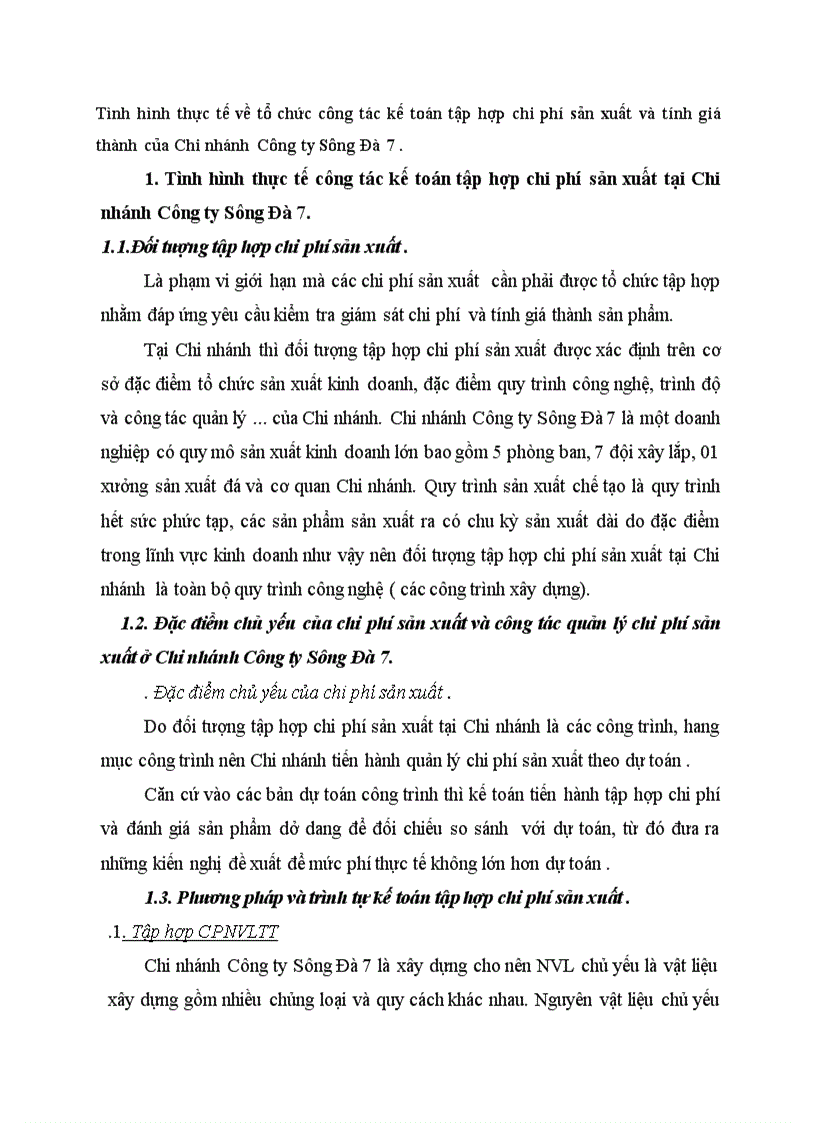 Tình hình thực tế về tổ chức công tác kế toán tập hợp chi phí sản xuất và tính giá thành của Chi nhánh Công ty Sông Đà 7