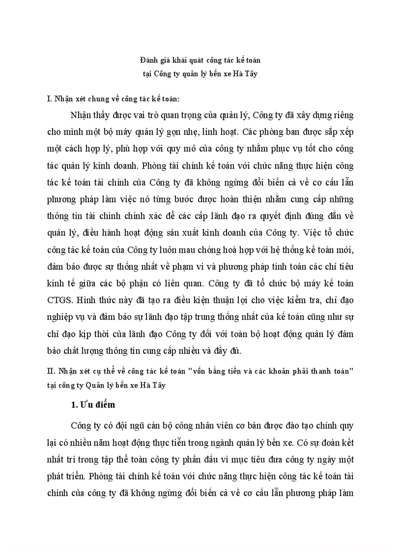 Đánh giá khái quát công tác kế toán tại Công ty quản lý bến xe Hà Tây