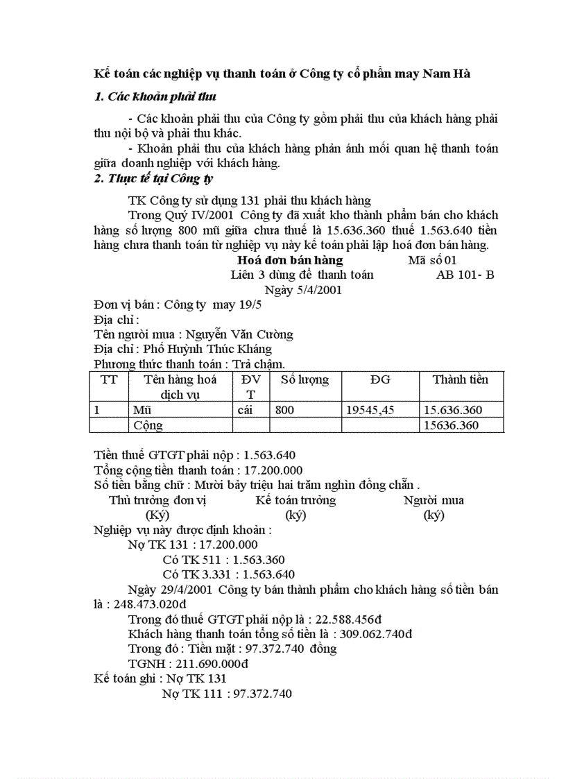 Kế toán các nghiệp vụ thanh toán ở Công ty cổ phần may Nam Hà