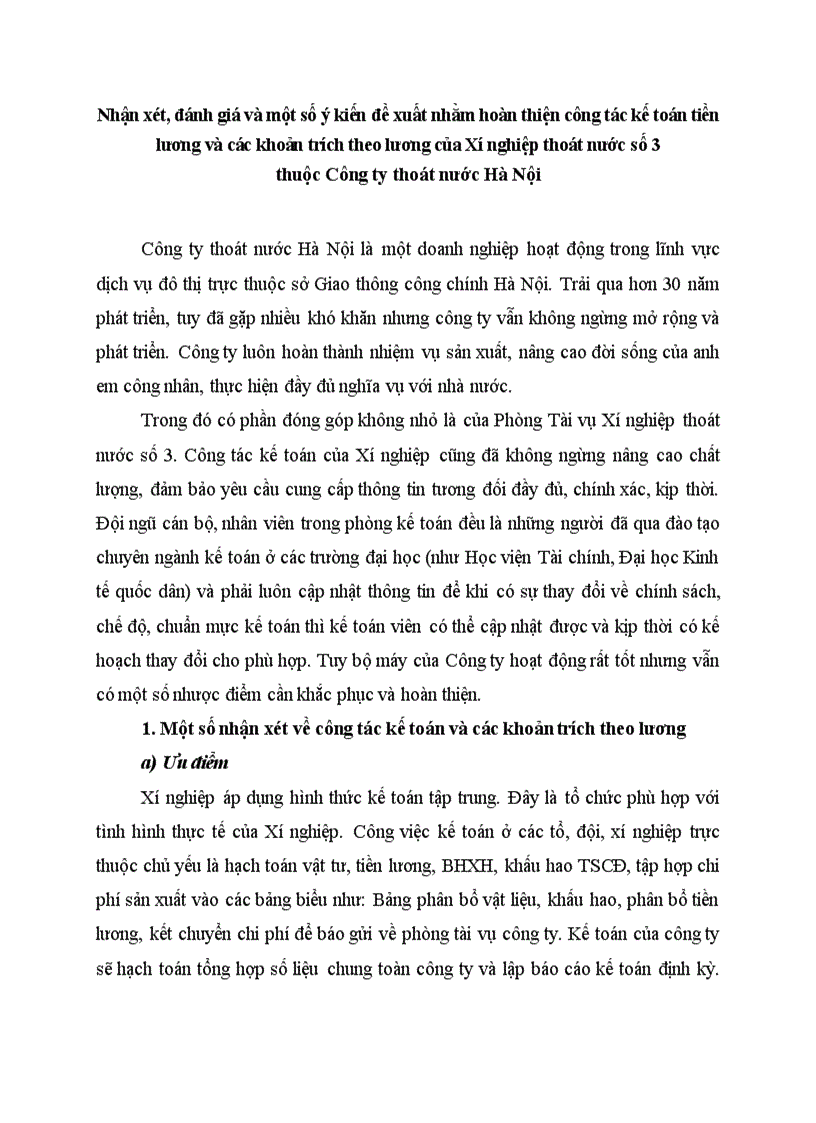 Nhận xét đánh giá và một số ý kiến đề xuất nhằm hoàn thiện công tác kế toán tiền lương và các khoản trích theo lương của Xí nghiệp thoát nước số 3 thuộc Công ty thoát nước Hà Nội
