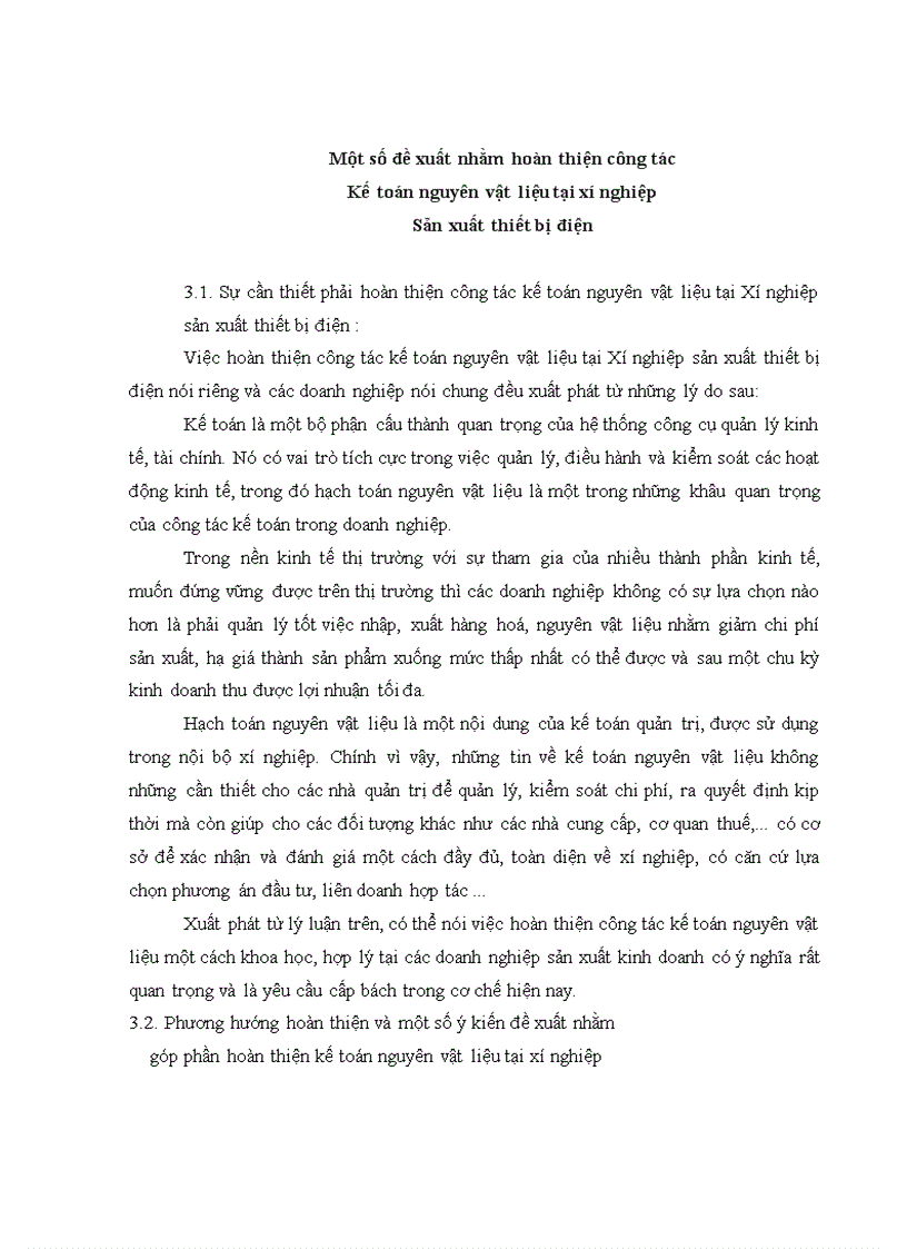 Một số đề xuất nhằm hoàn thiện công tác Kế toán nguyên vật liệu tại xí nghiệp Sản xuất thiết bị điện