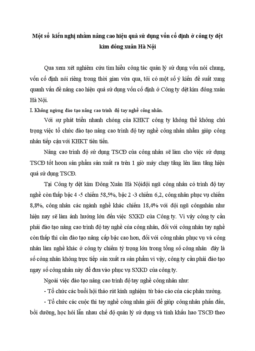 Một số kiến nghị nhằm nâng cao hiệu quả sử dụng vốn cố định ở công ty dệt kim đông xuân Hà Nội